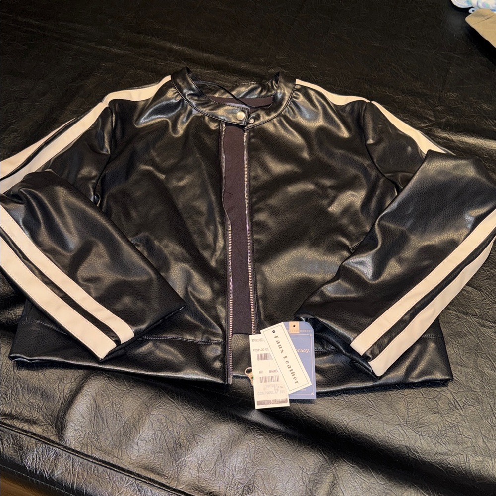 Democracy Black Faux Leather Jacket with Tan Stripes, size L, NWT, Retail $118 - Picture 2 of 7